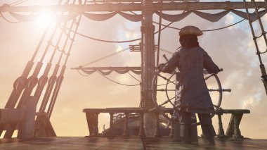 Korsan kaptan kâşif geminin direksiyonunu tutuyor ve yelkenli bir korsan gemisiyle denizi aşıyor. 