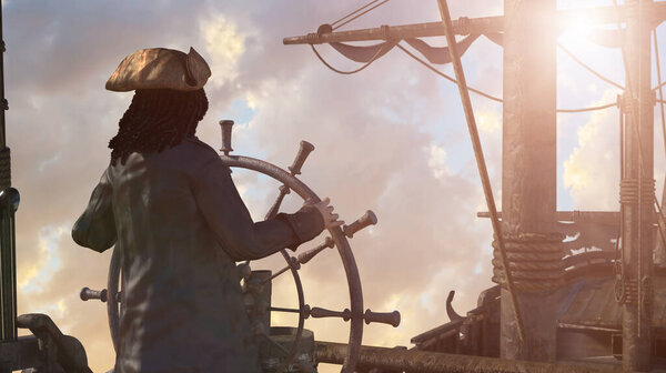 the pirate captain discoverer holds the ship's steering wheel and sails across the sea on a sailing pirate ship render 3d 