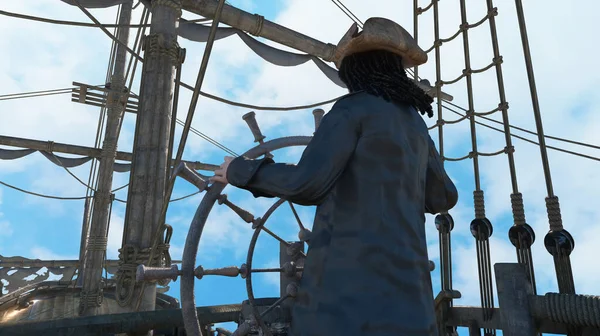 Capitão Pirata Descobridor Detém Volante Navio Navega Através Mar Navio — Fotografia de Stock