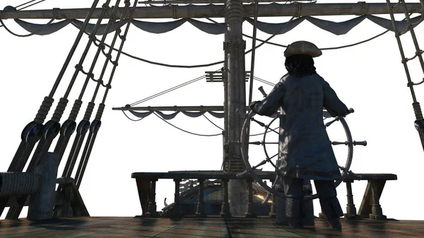 Pirate Captain Discoverer Holds Ship Steering Wheel Sails Sea Sailing — Stock Photo, Image