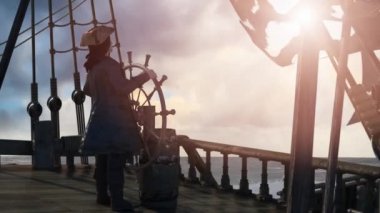 Korsan kaptan kâşif geminin direksiyonunu tutuyor ve yelkenli bir korsan gemisiyle denizi aşıyor.