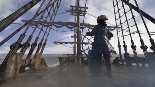 海賊船長は操舵輪を持ち海上を航行中の海賊船3Dレンダリングで帆を張る — ストック動画