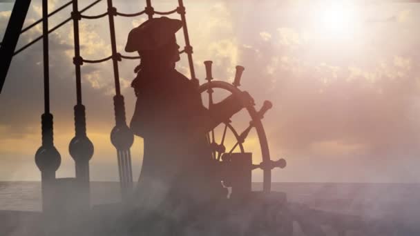 海盗船长握着船的方向盘 驾着一艘航行的海盗船横渡大海 — 图库视频影像