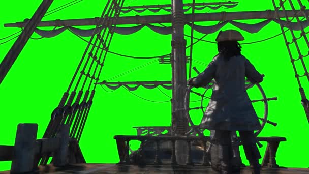 海盗船长拿着船的方向盘 驾着一艘航行的海盗船横渡大海 — 图库视频影像