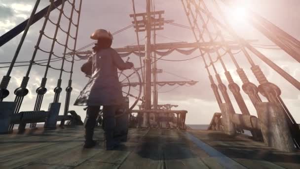 海盗船长发现者拿着船的方向盘 驾着一艘航行的海盗船横渡大海 — 图库视频影像