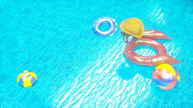 Yüzme havuzu oyuncaklarıyla suda şişirilebilir pembe flamingo ve mavi gökyüzü arka planı 3D