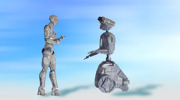 Twee Pratende Cyborg Robots Concept Van Technische Vooruitgang Robotica Machine — Stockfoto
