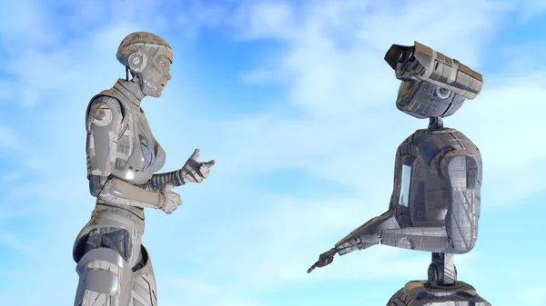 Two Talking Cyborg Robots Concept Technical Progress Robotics Machine Learning — Stockfoto