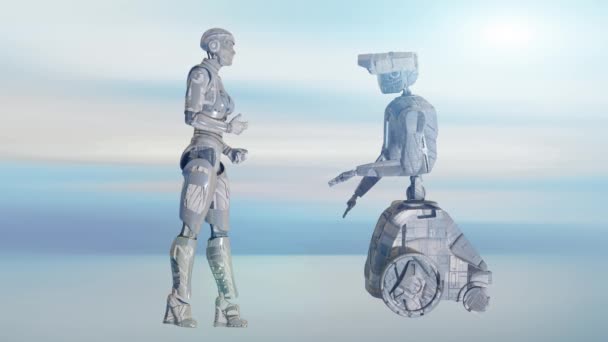 Dos Robots Cyborg Hablando Concepto Del Progreso Técnico Robótica Machine — Vídeo de stock