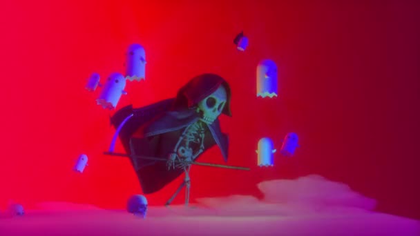 Funny Dead Toon Death Skeleton Scythe Render Looping Halloween Background — Vídeo de stock