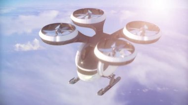 A white unmanned passenger drone taxi flying. 3D render