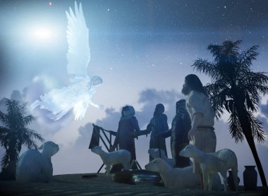 Christmas Angel announced to the shepherds the birth of Jesus birth in Bethlehem render 3d 