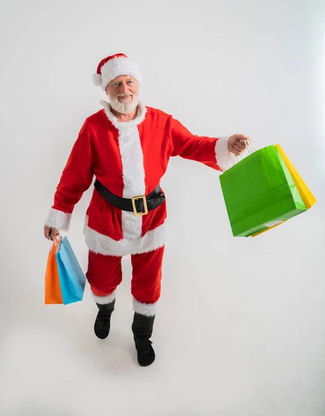 Santa Claus Holds Packages Gifts Christmas White Background — Fotografia de Stock