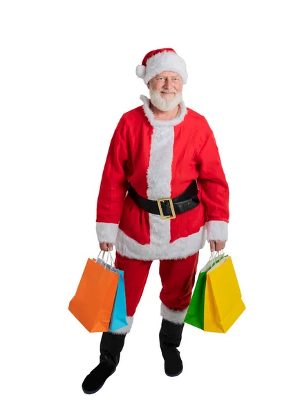 Санта Клаус Держит Пакеты Подарками Рождество Белом Фоне — стоковое фото