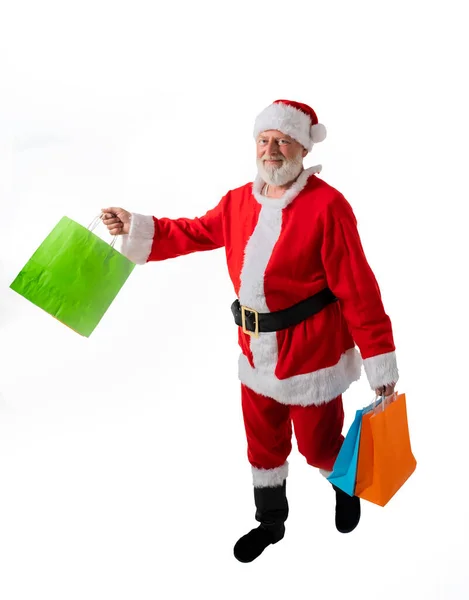 Santa Claus Holds Packages Gifts Christmas White Background — Fotografia de Stock