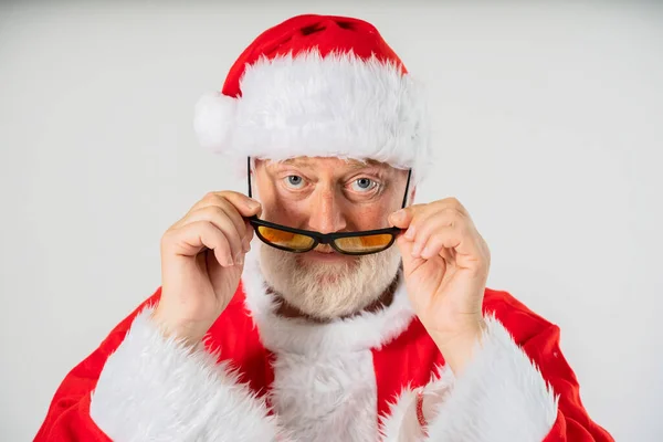 Santa Claus Surprised Holding Glasses Christmas White Background Portrait — Stock Photo, Image
