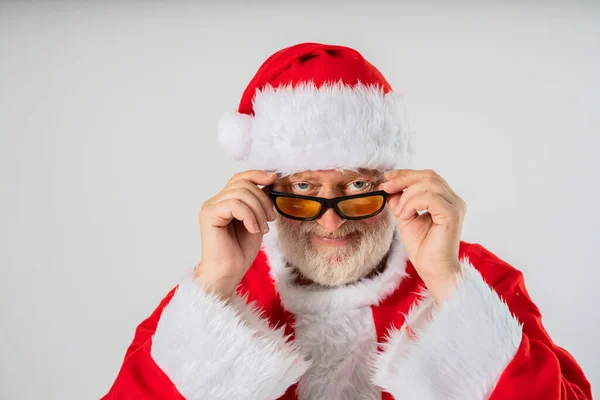 Santa Claus Surprised Holding Glasses Christmas White Background Portrait — Stock Photo, Image