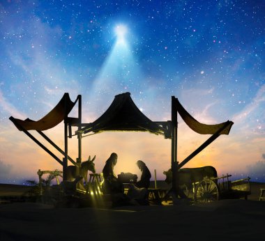 Christian Christmas Nativity Scene of baby Jesus, scene of Baby Jesus in a manger with Mary and Joseph silhouettes render 3d 