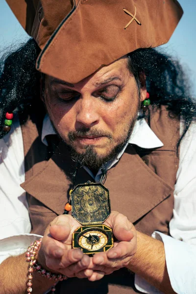 Funny Pirate Captain Traveler Discoverer Explorer Hold Compass Portrait — Stock Photo, Image