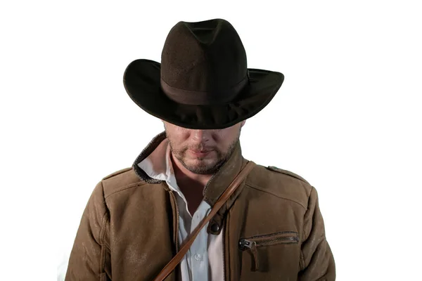 Young Sexy Unshaven Man Cowboy Hat Романтический Образ Винтажного Путешественника — стоковое фото