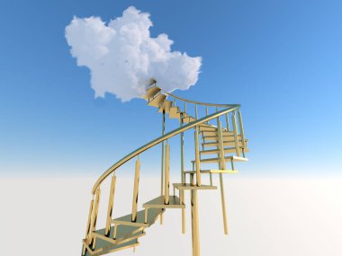 Mavi gökyüzündeki bulutlara uzanan altın merdivenler. 3D görüntüleme.