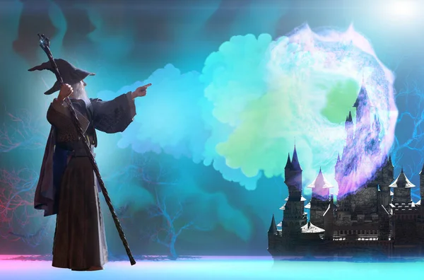 Merlijn Wizard Figuur Halloween Achtergrond Renderen — Stockfoto