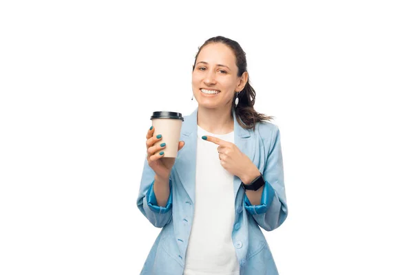 Favorite Coffee Woman Pointing Cup White Background — Stock Photo, Image