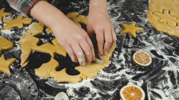 Fermer les images de fille faisant des biscuits au pain d'épices et se préparant à la cuisson — Video