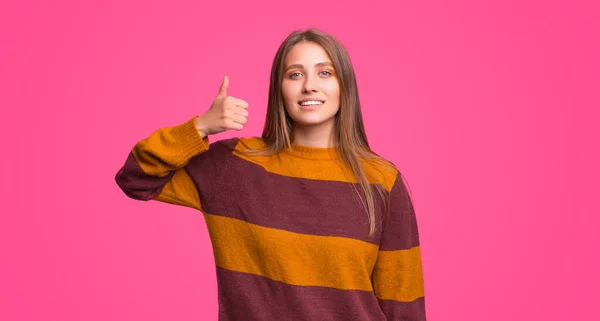 Young Lady Smiling Camera Showing Thumb Portrait Pink Background — Stock Photo, Image