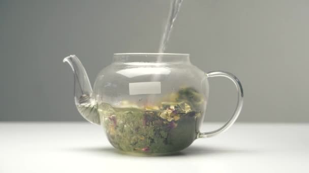 Filmación de verter agua caliente en Tea Pot, té de hierbas saludable — Vídeos de Stock