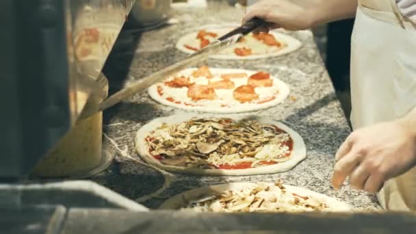 Съемки шеф-повара, готовящего много пиццы в ресторане — стоковое видео