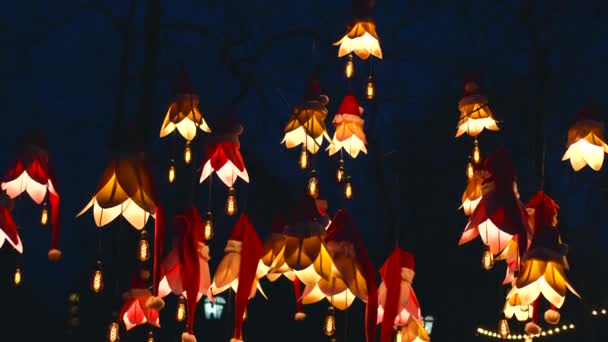 Beelden van kerst versierde verlichting met kerst hoed buiten in de stad — Stockvideo