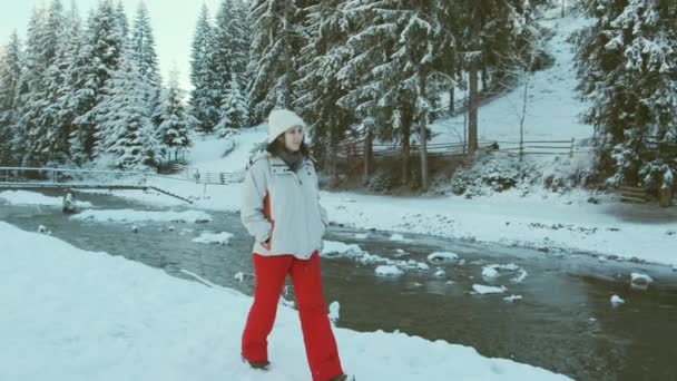 Filmación de una mujer joven en invierno caminando cerca del río en el bosque nevado — Vídeos de Stock