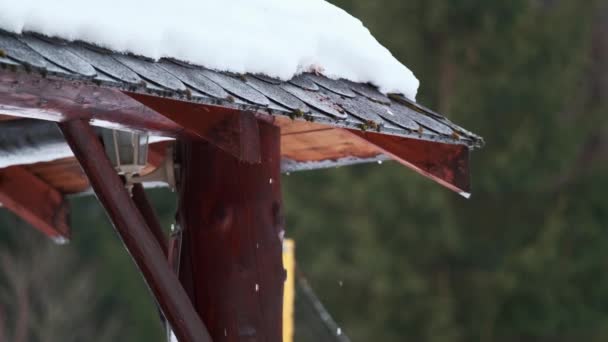 Close-up beelden van sneeuw smelt van het dak — Stockvideo