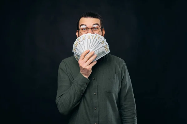 Ecstatic Amazed Male Hipster Wearing Glasses Covers His Face Bunch — Stock Photo, Image