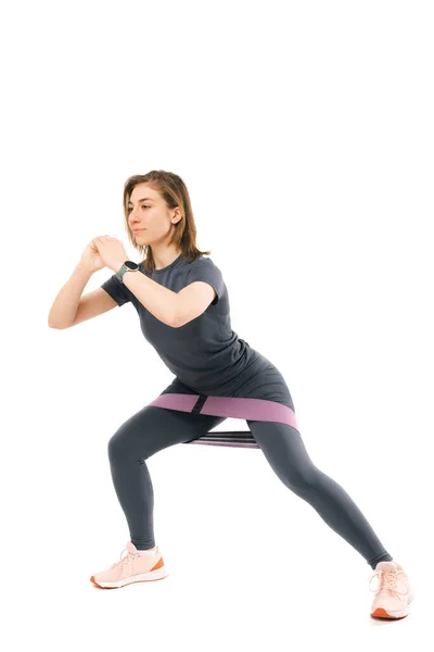 Vertical Photo Young Woman Performing Side Squats Using Elastic Band — Stock Photo, Image