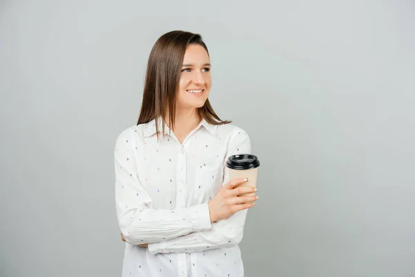 Young Smiling Woman Looking Away Holding Take Away Cup Coffee — Stock Photo, Image