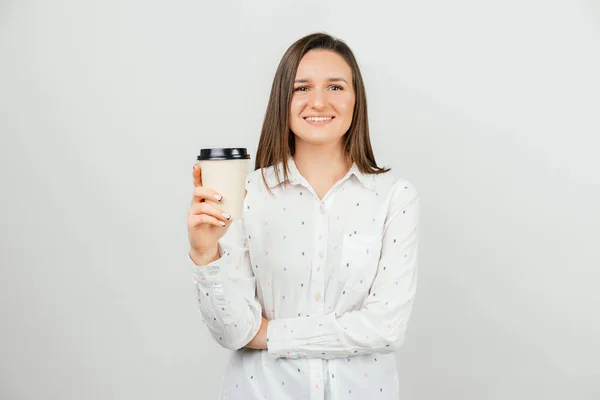 Happy Young Woman Casual Holding Paper Cup Coffee Looking Camera — Stock Photo, Image