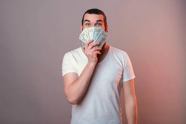 Shocked Young Bearded Man Covering Half Face Some Banknotes Studio — Stock Photo, Image