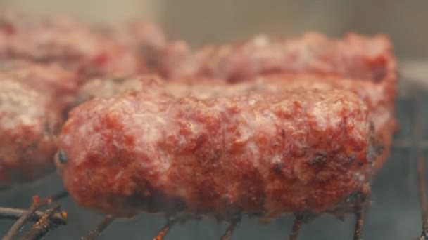 Nahaufnahme der Zubereitung schmackhafter Grillgerichte im Freien — Stockvideo
