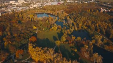 Amazing autumn colours from aerial drone in city park with lake