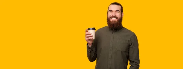 Male Beard Smiling Holding Hot Drink Looking Camera — 图库照片