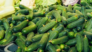 Panayırdaki taze salatalıkların yakın plan fotoğrafı.