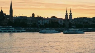 Footage of Danube River During sunset in Budapest, amazing twilight light.