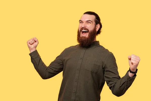 Excited Bearded Man Screaming Happiness His Both Hands — Fotografie, imagine de stoc