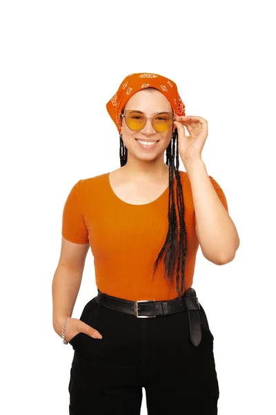 Photo Hippie Girl Smiling Camera Standing Casually — Fotografia de Stock
