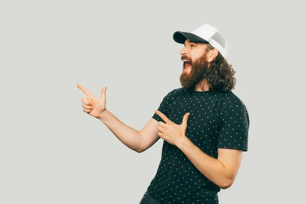 Picture Bearded Man Pointing Very Excited Some Free Space — Stock Fotó