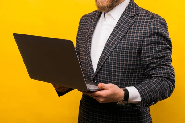 Photo Business Man Suit Holding His Computer — Photo
