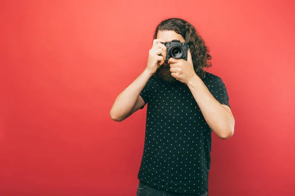 Picture Someone Taking Photos Red Wall — Stockfoto