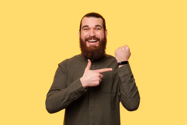 Picture Man Pointing Cheerful His New Wrist Watch — Zdjęcie stockowe